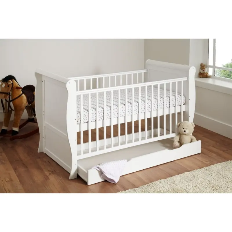 White Wooden Full Size 140x70cm Baby Cot Bed with Drawer and a