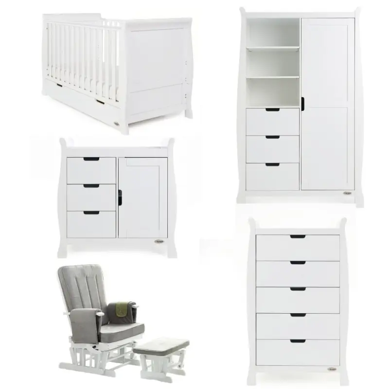 Image of Obaby Stamford Classic Sleigh 5 Piece Furniture Roomset - White