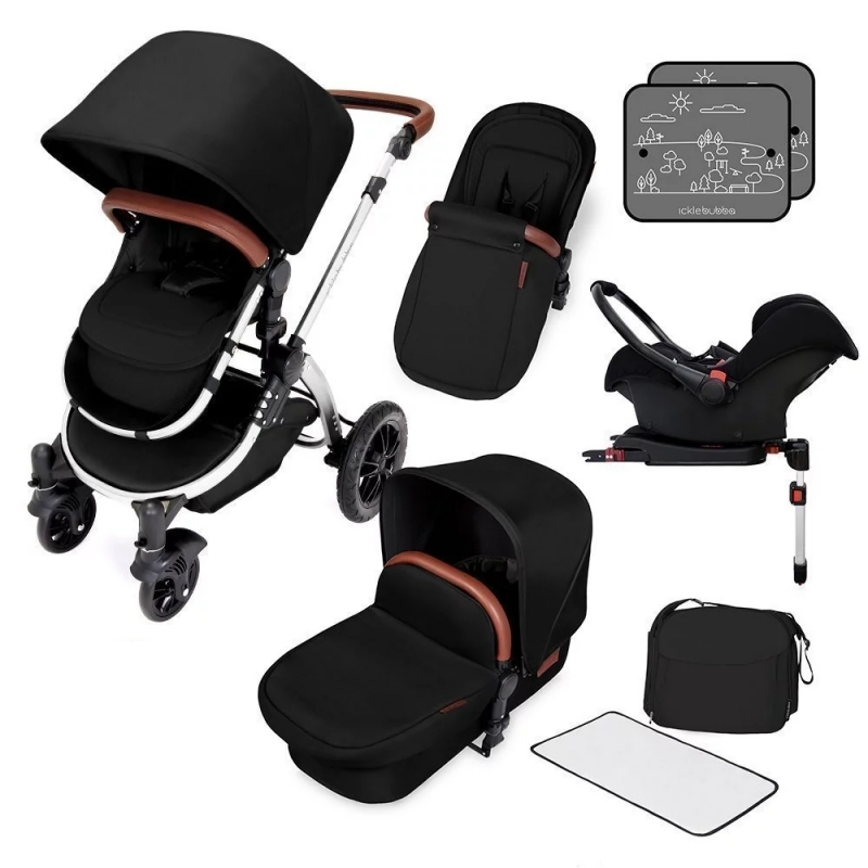 Ickle Bubba Stomp V4 Chrome Frame Travel System With Galaxy Carseat & Isofix Base-Midnight Chrome