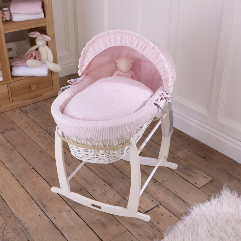 Clair De Lune Waffle White Wicker Moses Basket Colour-Pink