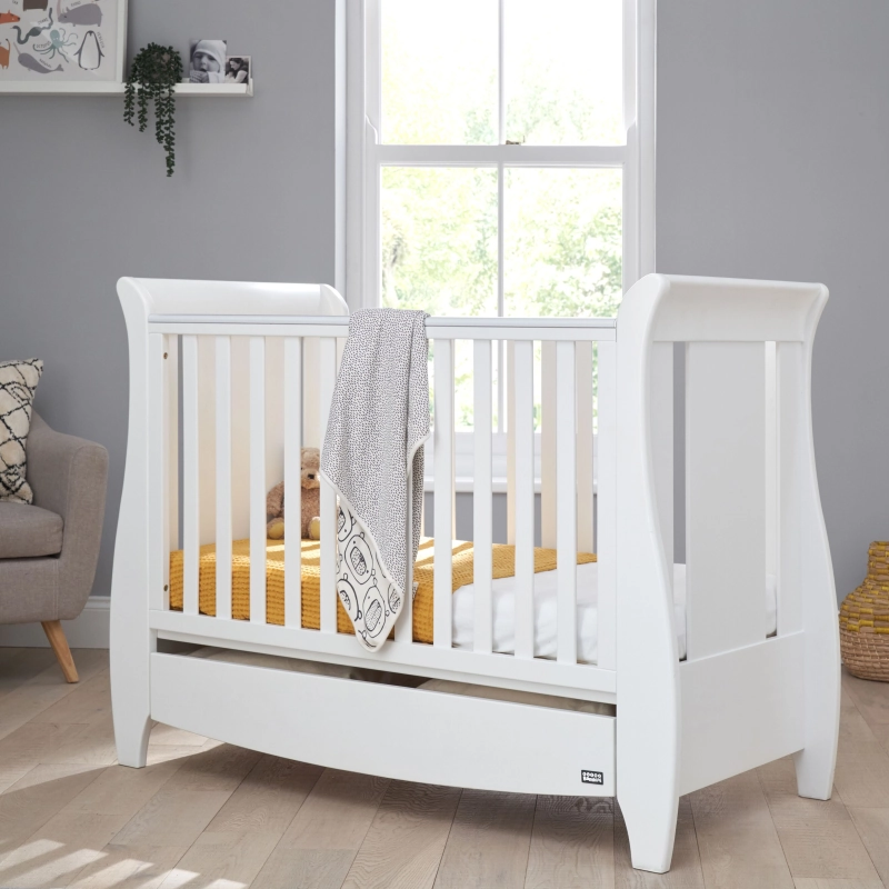 Tutti Bambini Katie Sleigh Mini Cot Bed With Under Bed Drawer-White (2022)