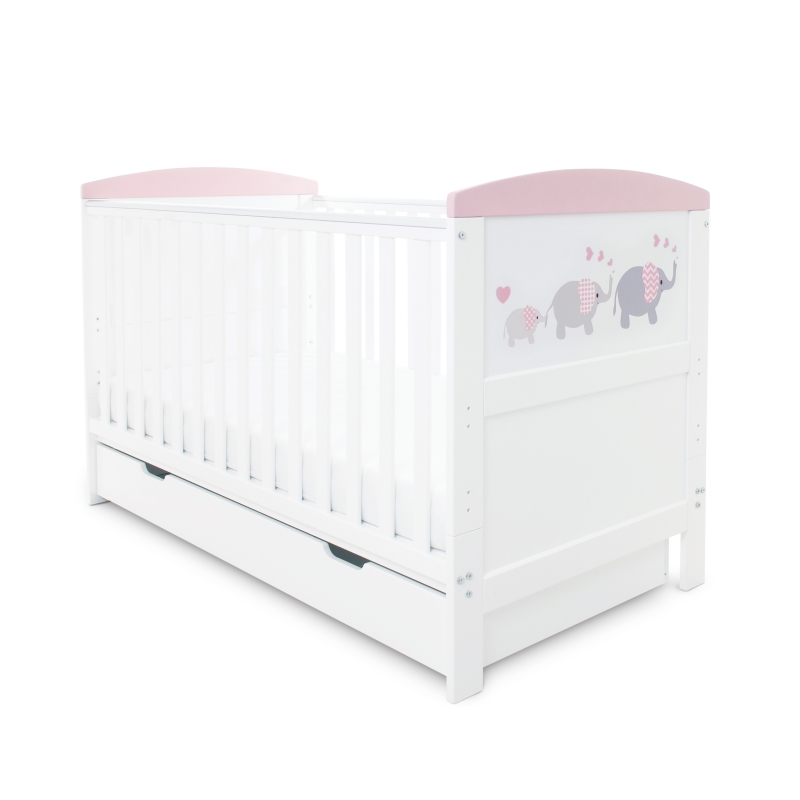 Ickle Bubba Coleby Style Cot Bed & Under Drawer- Elephant Love Pink