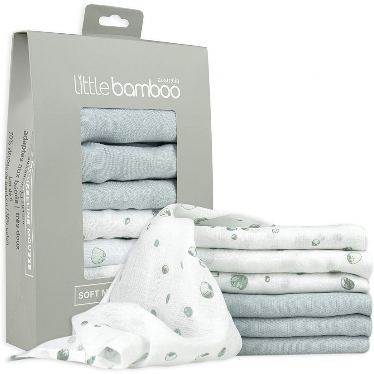 Little Bamboo 6 Pack Muslin Baby Wash Cloths Whisper (NEW)