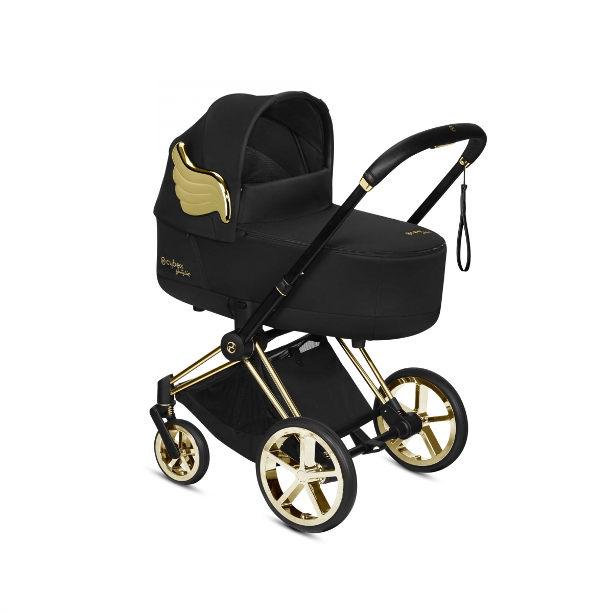 black pram with gold wings