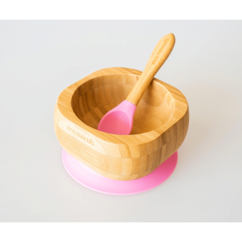 eco rascals Bamboo Suction Bowl & Spoon Set-Pink (NEW)