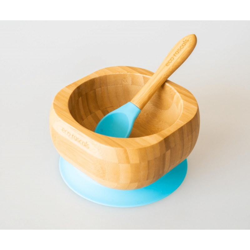 eco rascals Bamboo Suction Bowl & Spoon Set-Blue (NEW)