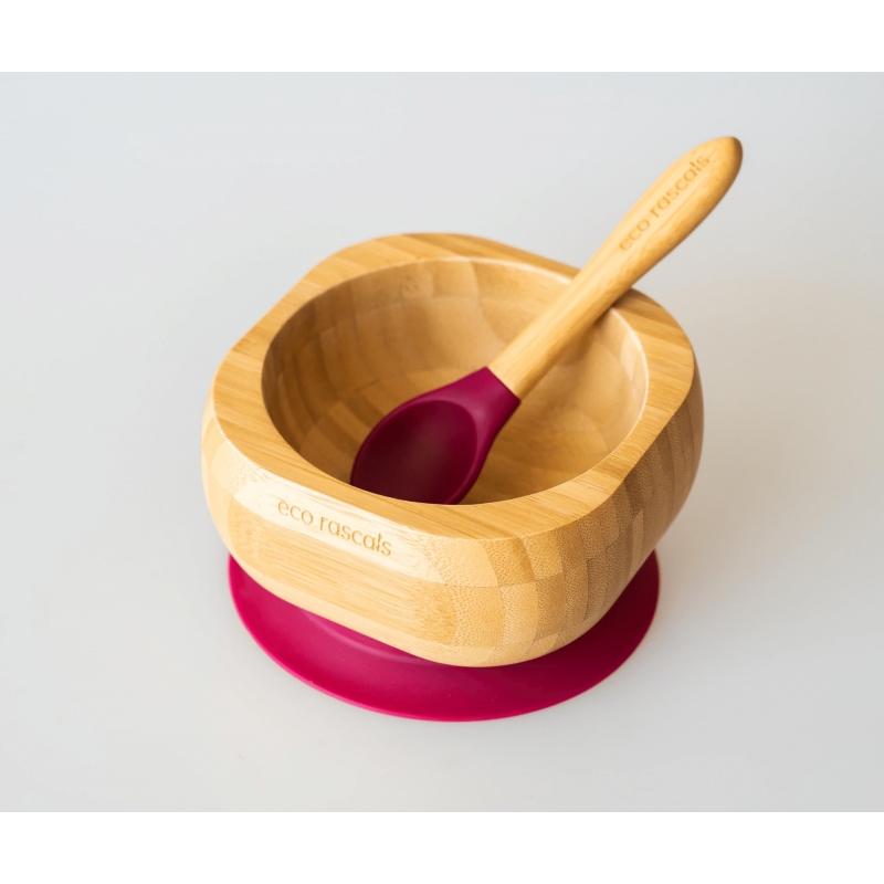 eco rascals Bamboo Suction Bowl & Spoon Set-Red (NEW)