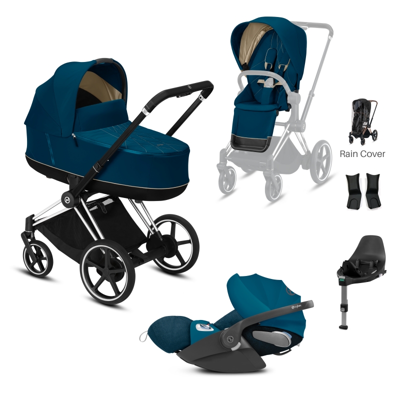 Cybex Priam Chrome Pushchair with Lux Carry Cot & Cloud Z Car Seat-Mountain Blue/Black (2022) ****