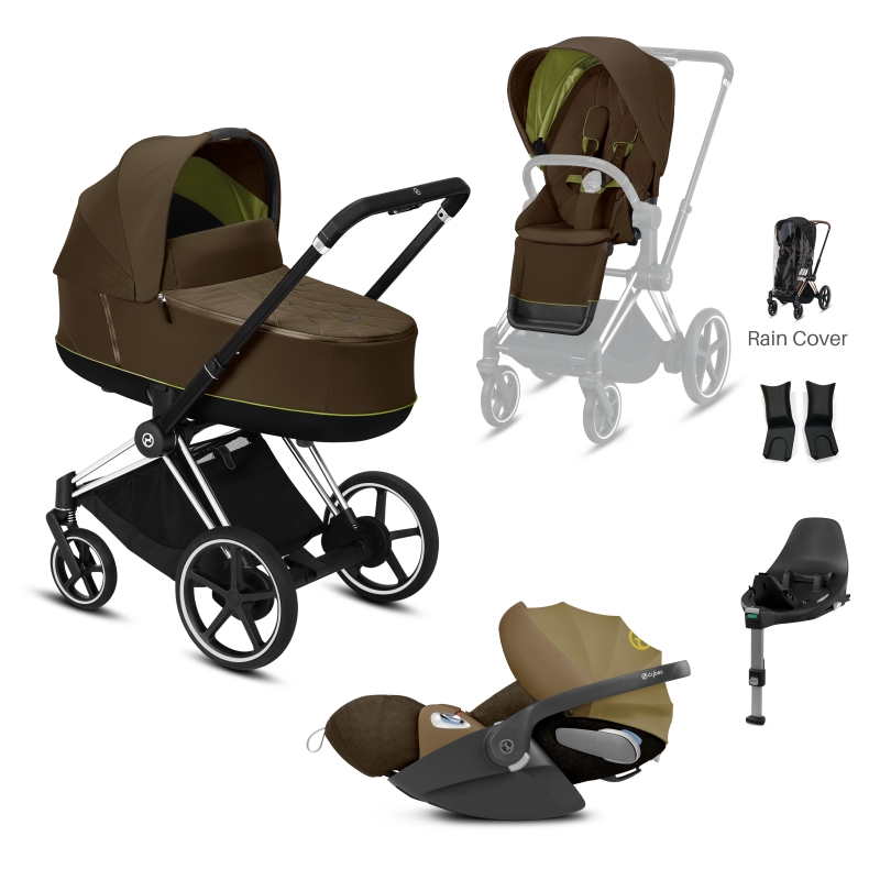 Cybex e-Priam Chrome Pushchair with Lux Carry Cot & Cloud Z Car Seat-Khaki Green/Black (NEW)