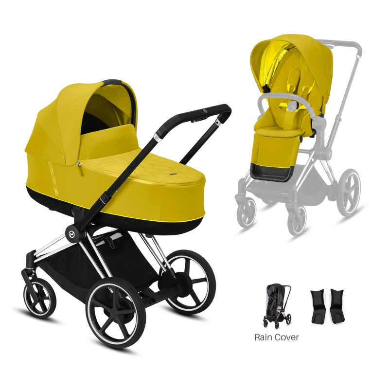 Cybex e-Priam Chrome Pushchair with Lux Carry Cot-Mustard Yellow/Black (2020)