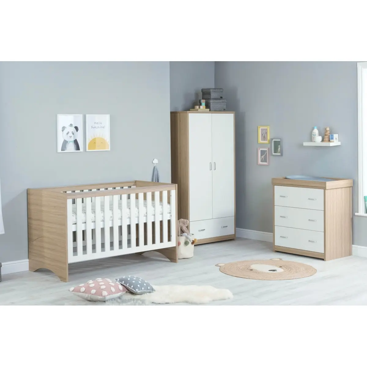 Image of Babymore Veni 3 Piece Furniture Room Set-Oak/White
