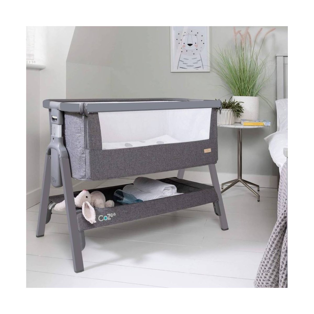 grey bedside crib