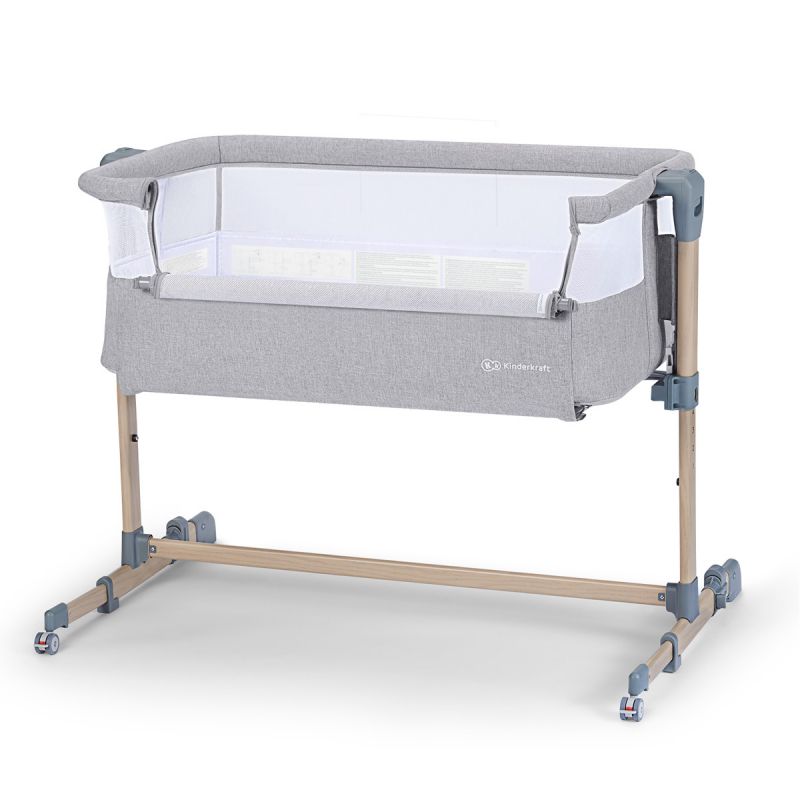 Kinderkraft Neste Air Bedside Travel Baby Cot- Grey Melange and Wood