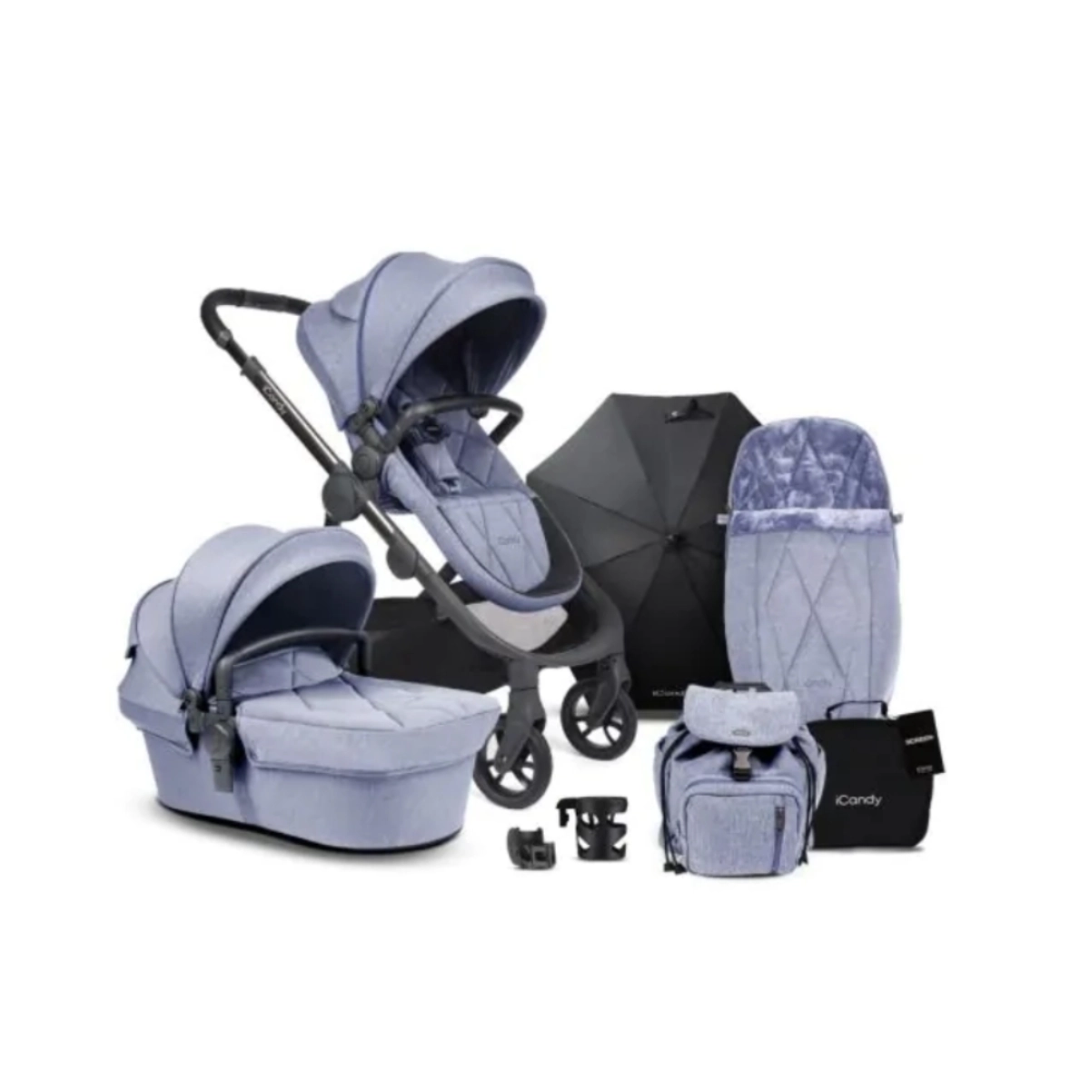 Image of iCandy Orange Pushchair and Carrycot Complete Bundle-Mist Blue Marl
