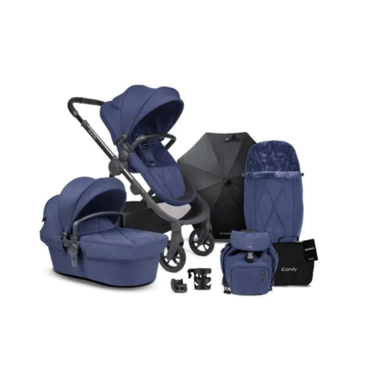 Image of iCandy Orange Pushchair and Carrycot Summer Complete Bundle - Royal Blue Marl