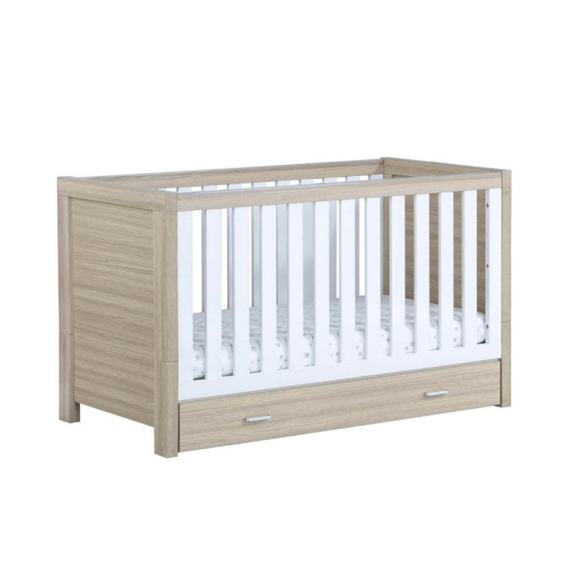 Babymore Luno Cot Bed with Under Drawer-White Oak