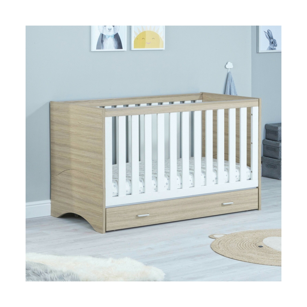 Babymore Veni Cot Bed with DrawerWhite/Oak