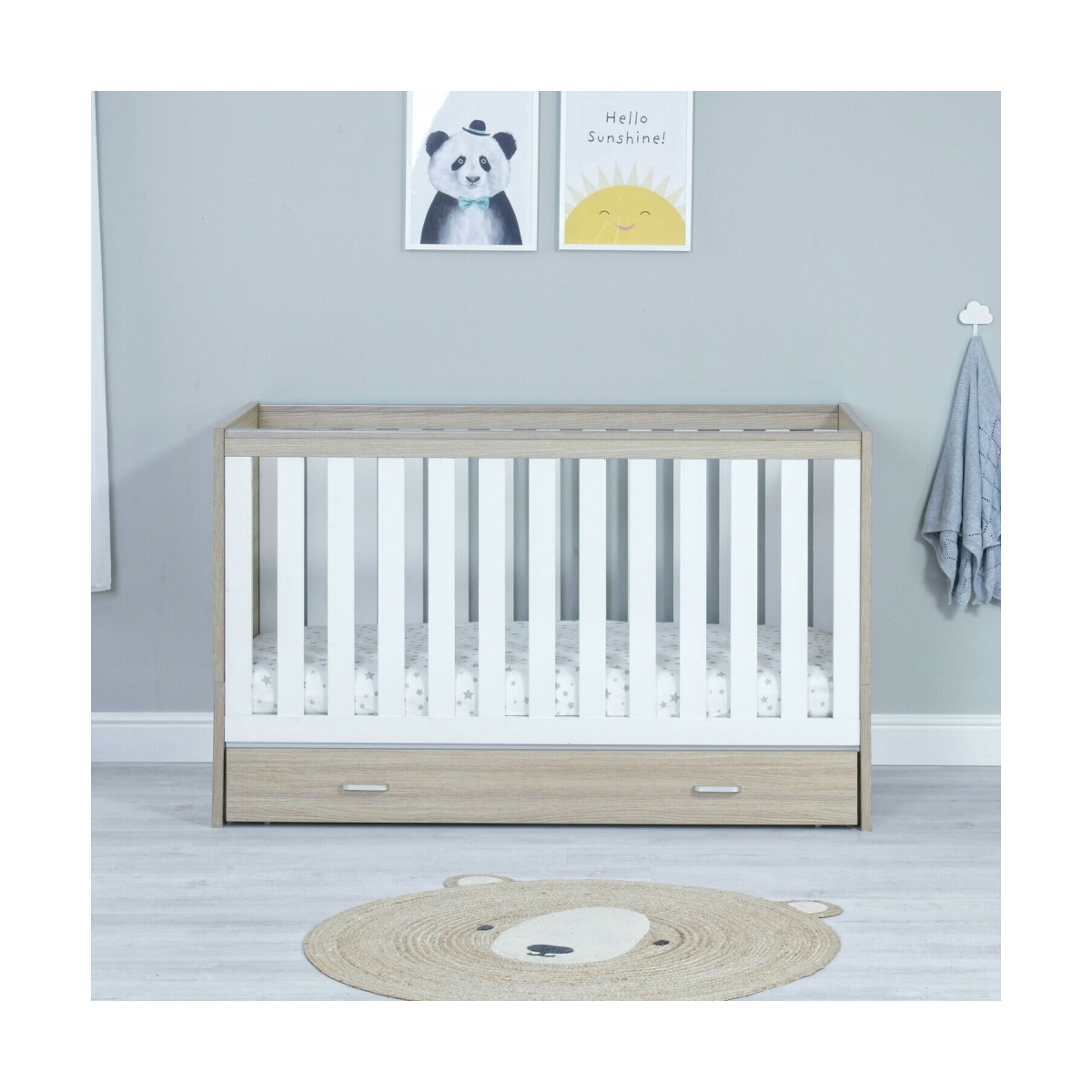 Babymore Veni Cot Bed with DrawerWhite/Oak