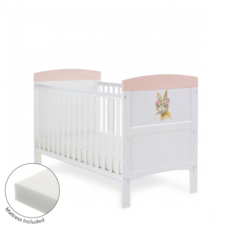 Obaby Grace Inspire Cot Bed & Fibre Mattress Watercolour Rabbit â€“ Pink