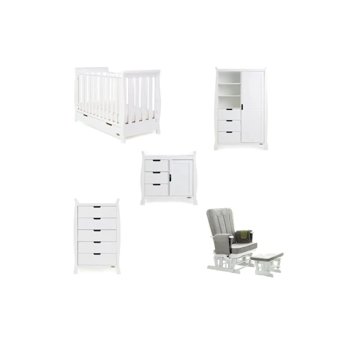 Image of Obaby Stamford Mini Sleigh 5 Piece Furniture Roomset - White