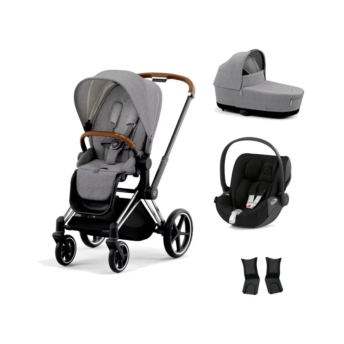 Image of Cybex Priam Chrome Pushchair with Lux Carry Cot & Cloud Z Car Seat - Manhattan Grey Plus/Brown