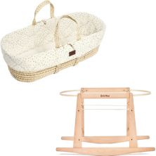 The Little Green Sheep Natural Quilted Moses Basket & Rocking Stand Bundle-Linen Rice
