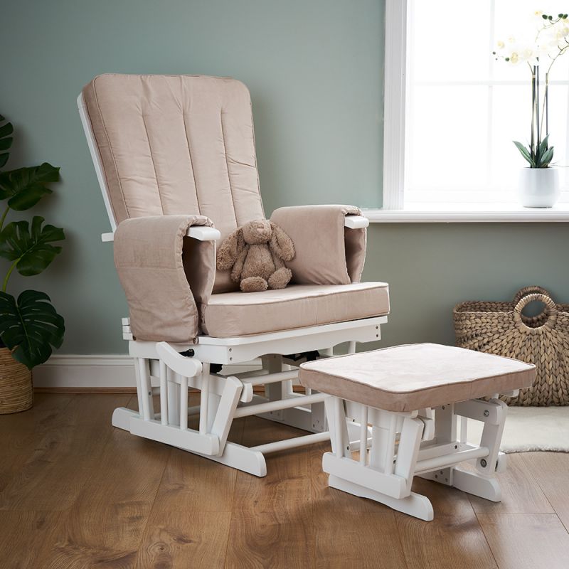 Obaby Deluxe Reclining Gilder Chair and Stool-White with Sand Cushions 
