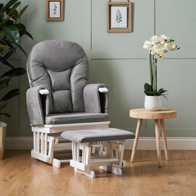 Obaby Reclining Glider Chair and Stool-White with Grey Cushion 