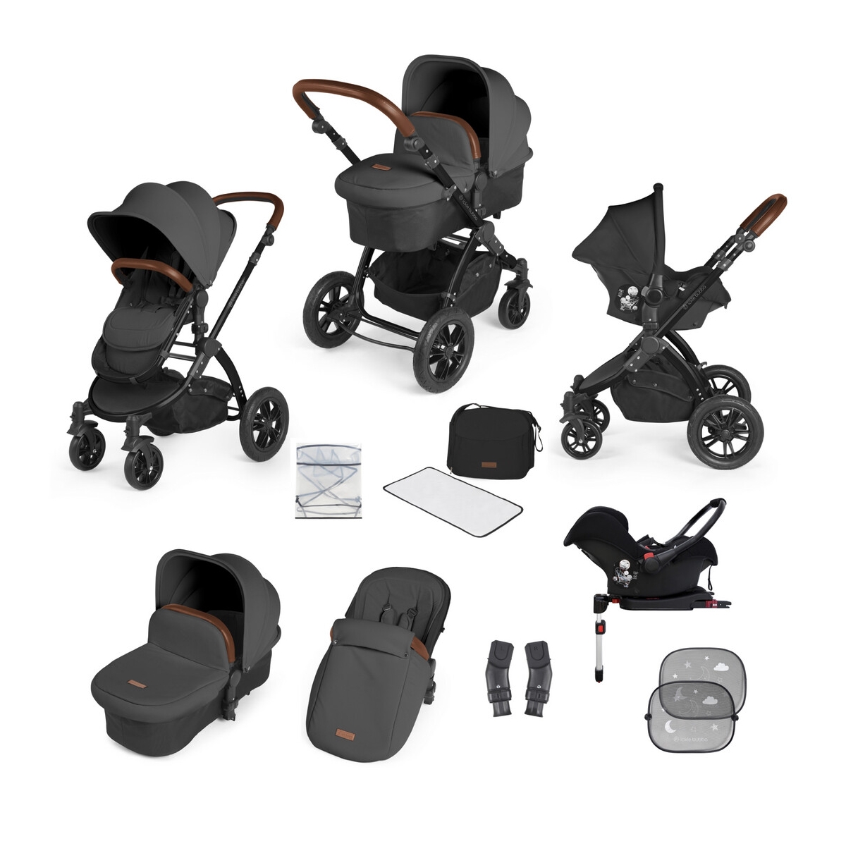 Ickle Bubba Stomp V3 Black Frame Travel System With Galaxy Carseat & Isofix Base