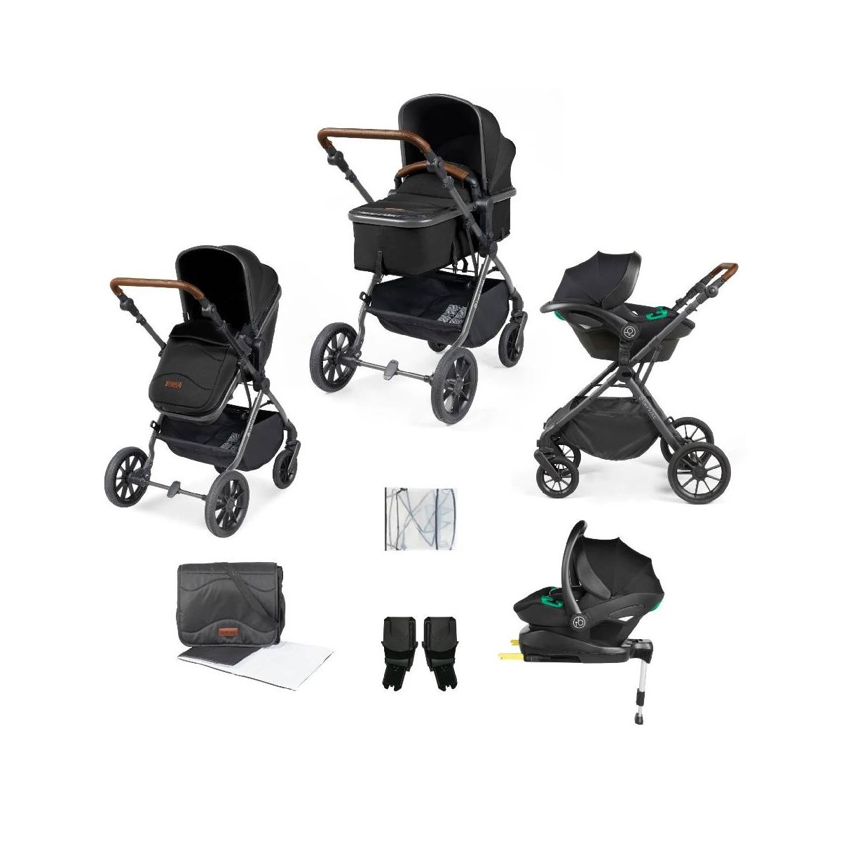 Ickle Bubba Cosmo Gunmetal Frame Travel System With Stratus i-Size Carseat & Isofix Base
