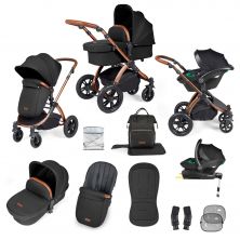 Ickle Bubba Stomp Luxe Bronze Frame Travel System With Stratus i-Size Carseat & Isofix Base-Midnight/Tan