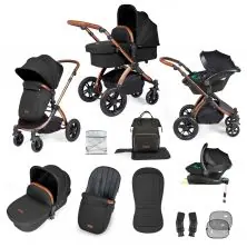 Ickle Bubba Stomp Luxe Bronze Frame Travel System with Stratus i-Size Carseat & Isofix Base - Midnight/Tan