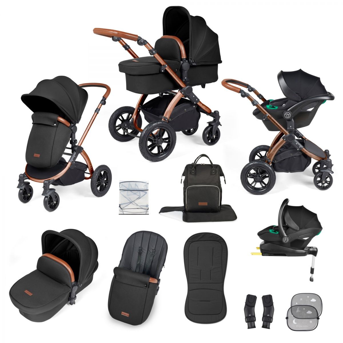 Ickle Bubba Stomp Luxe Bronze Frame Travel System With Stratus i-Size Carseat & Isofix Base