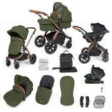 Ickle Bubba Stomp Luxe Bronze Frame Travel System with Stratus i-Size Car Seat & Isofix Base - Woodland/Tan