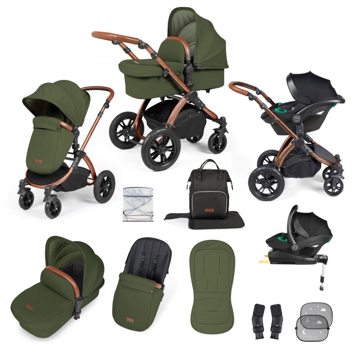 Ickle Bubba Stomp Luxe Bronze Frame Travel System With Stratus i-Size Carseat & Isofix Base