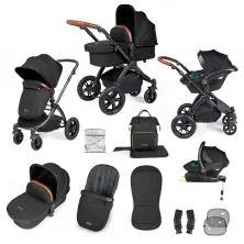 Ickle Bubba Stomp Luxe Black Frame Travel System with Stratus i-Size Carseat & Isofix Base - Midnight/Tan