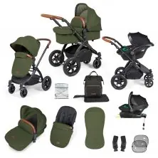 Ickle Bubba Stomp Luxe Black Frame Travel System with Stratus i-Size Car Seat & Isofix Base - Woodland/Tan