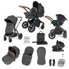 Ickle Bubba Stomp Luxe Black Frame Travel System with Stratus i-Size Carseat & Isofix Base - Charcoal Grey/Tan