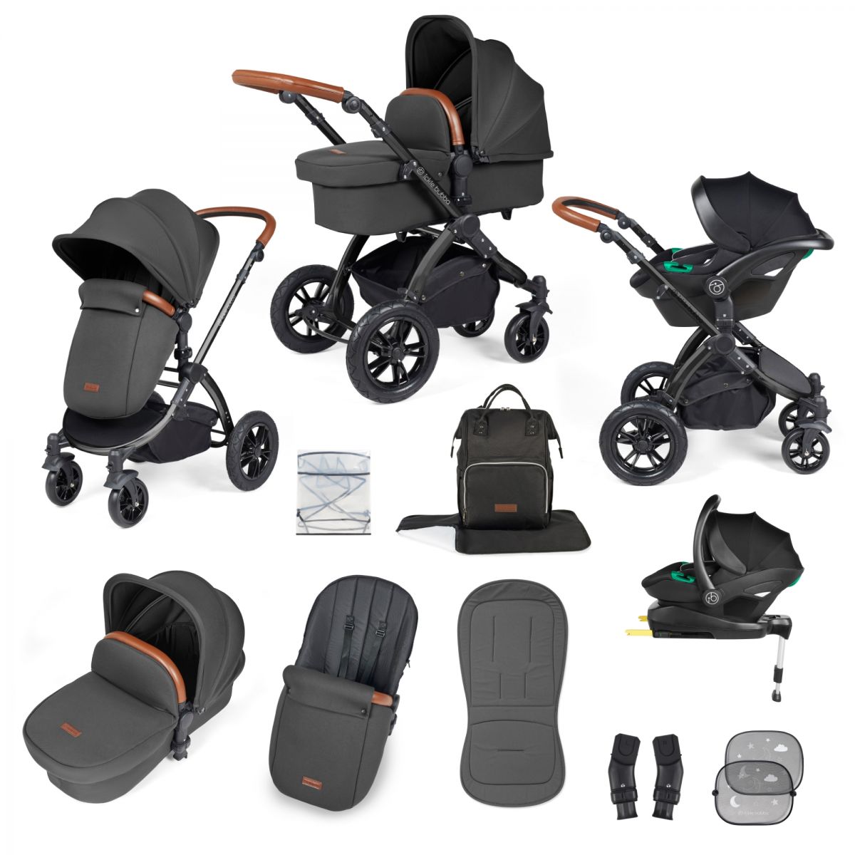Ickle Bubba Stomp Luxe Black Frame Travel System With Stratus i-Size Carseat & Isofix Base
