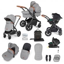 Ickle Bubba Stomp Luxe Black Frame Travel System With Stratus i-Size Carseat & Isofix Base-Pearl Grey/Tan
