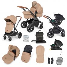 Ickle Bubba Stomp Luxe Black Frame Travel System With Stratus i-Size Carseat & Isofix Base-Desert/Tan