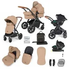 Ickle Bubba Stomp Luxe Black Frame Travel System with Stratus i-Size Carseat & Isofix Base - Desert/Tan