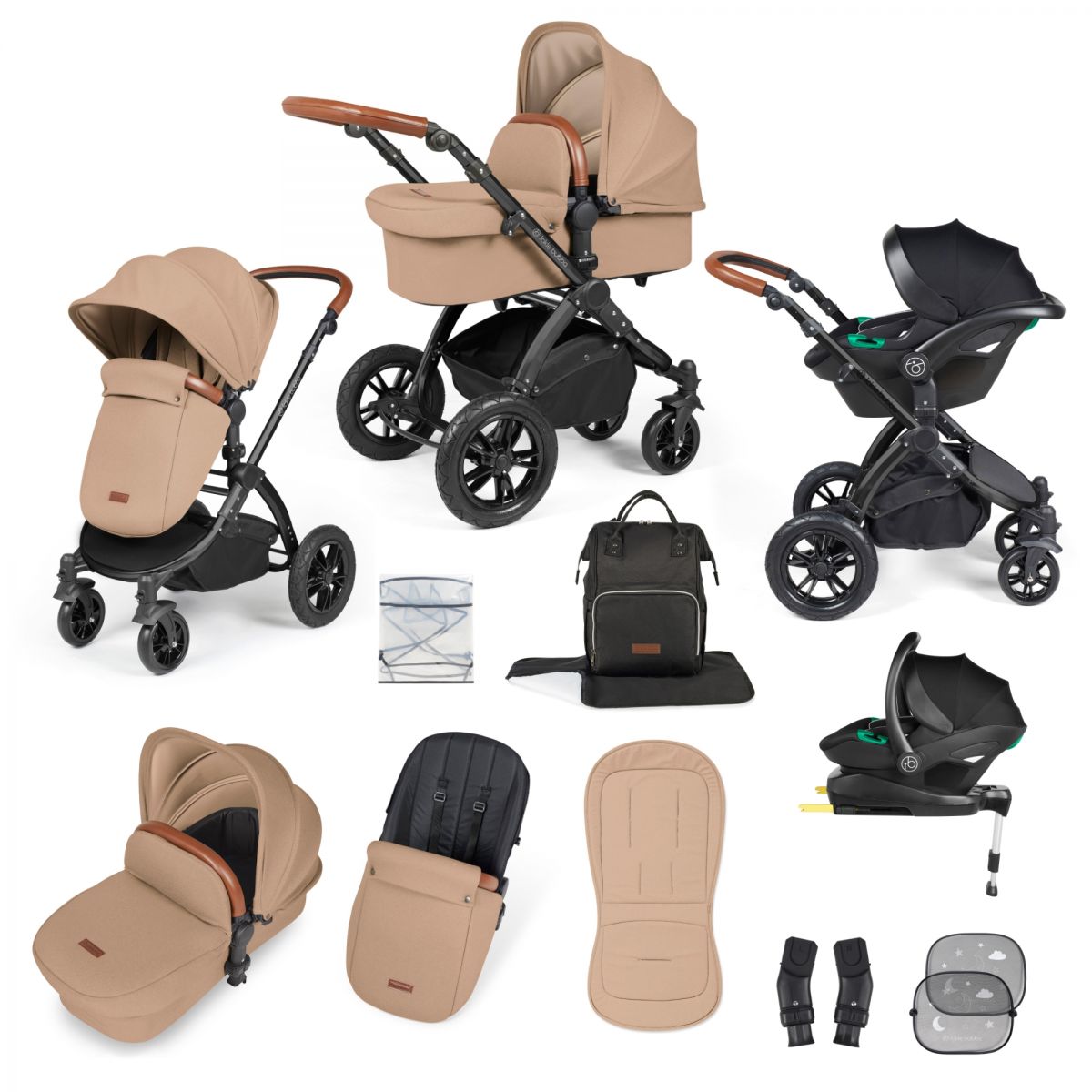 Ickle Bubba Stomp Luxe Black Frame Travel System With Stratus i-Size Carseat & Isofix Base