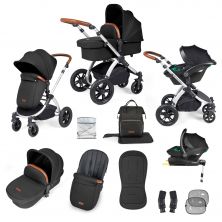 Ickle Bubba Stomp Luxe Silver Frame Travel System With Stratus i-Size Carseat & Isofix Base-Midnight/Tan