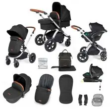 Ickle Bubba Stomp Luxe Silver Frame Travel System with Stratus i-Size Carseat & Isofix Base - Midnight/Tan