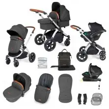 Ickle Bubba Stomp Luxe Silver Frame Travel System with Stratus i-Size Car Seat & Isofix Base - Charcoal Grey/Tan