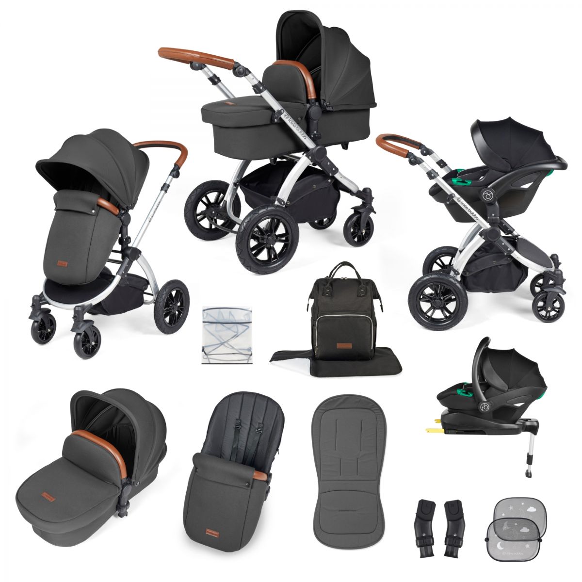 Ickle Bubba Stomp Luxe Silver Frame Travel System With Stratus i-Size Carseat & Isofix Base