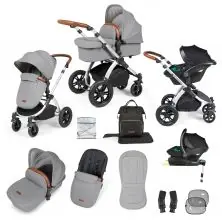Ickle Bubba Stomp Luxe Silver Frame Travel System with Stratus i-Size Car Seat & Isofix Base - Pearl Grey/Tan