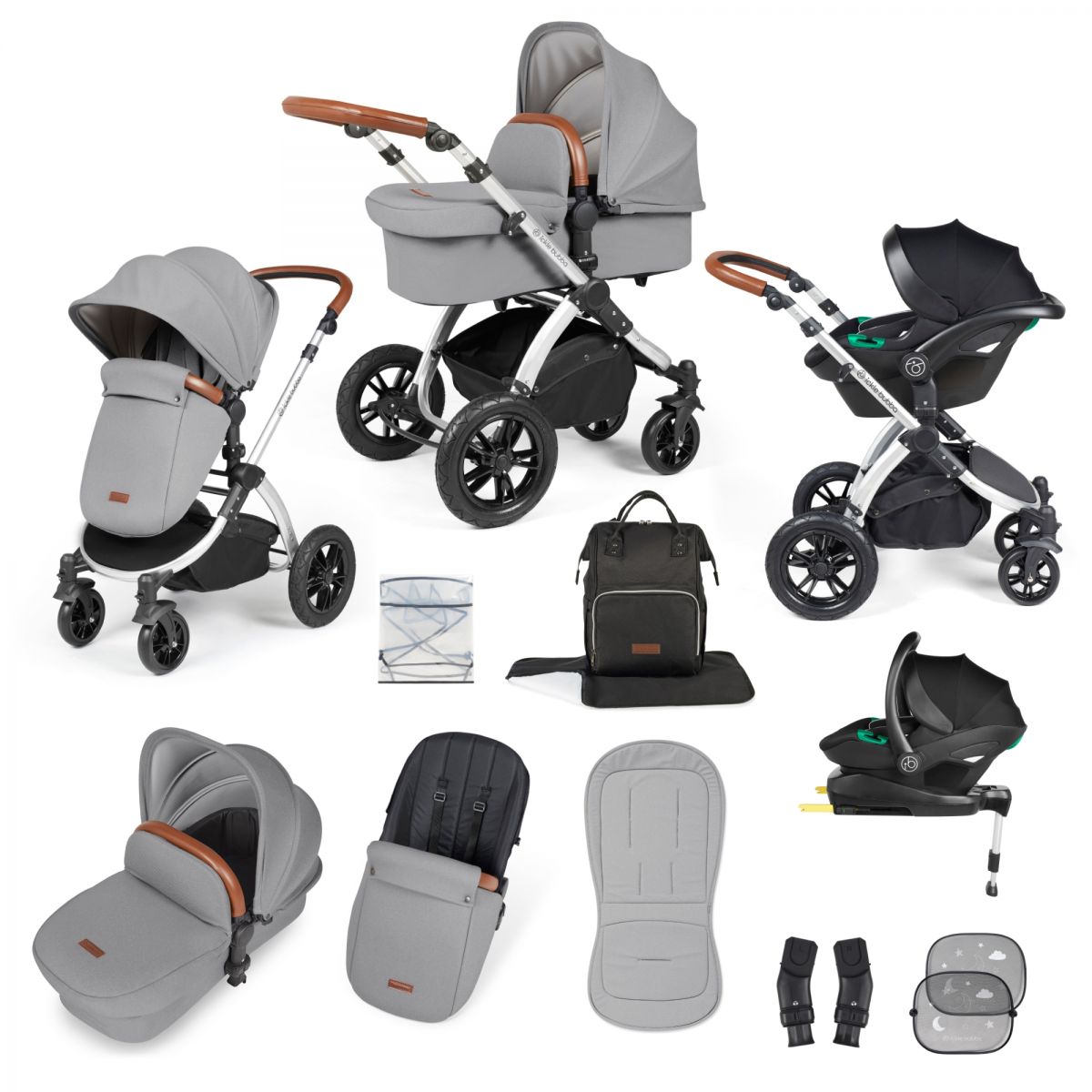 Ickle Bubba Stomp Luxe Silver Frame Travel System With Stratus i-Size Carseat & Isofix Base