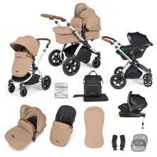 Ickle Bubba Stomp Luxe Silver Frame Travel System with Stratus i-Size Car Seat & Isofix Base - Desert/Tan